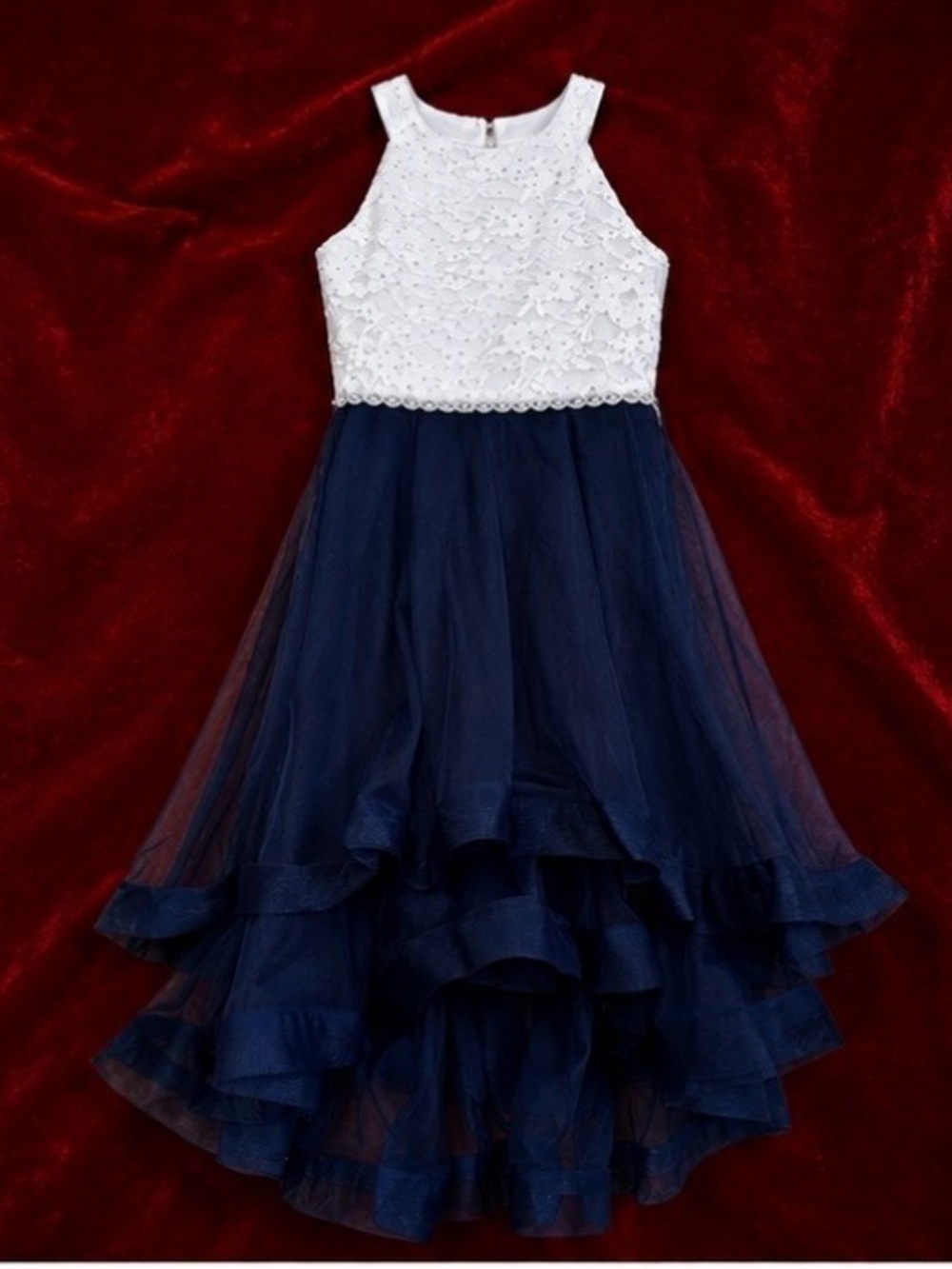 Speechless White Lace and Navy Tulle High-Low Formal Dress